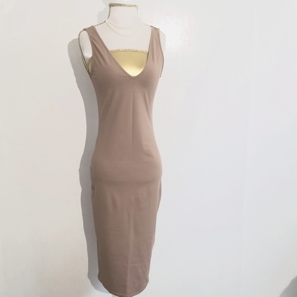 ZARA W/B Collection Nude Tan V-Neck Sleeveless Bodycon Midi Dress - Picture 1 of 10